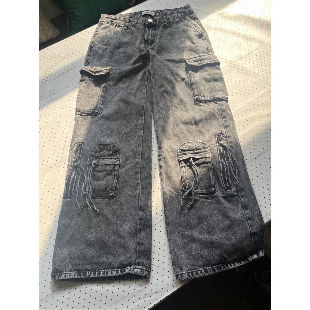 Disclosure Washed Black Cargo Jeans Wide Leg Y2K Streetwear Utility Pants 9/29 - Picture 2 of 11